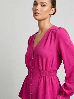 NAIF Fuchsia Button-Front V-Neck Peplum Blouse